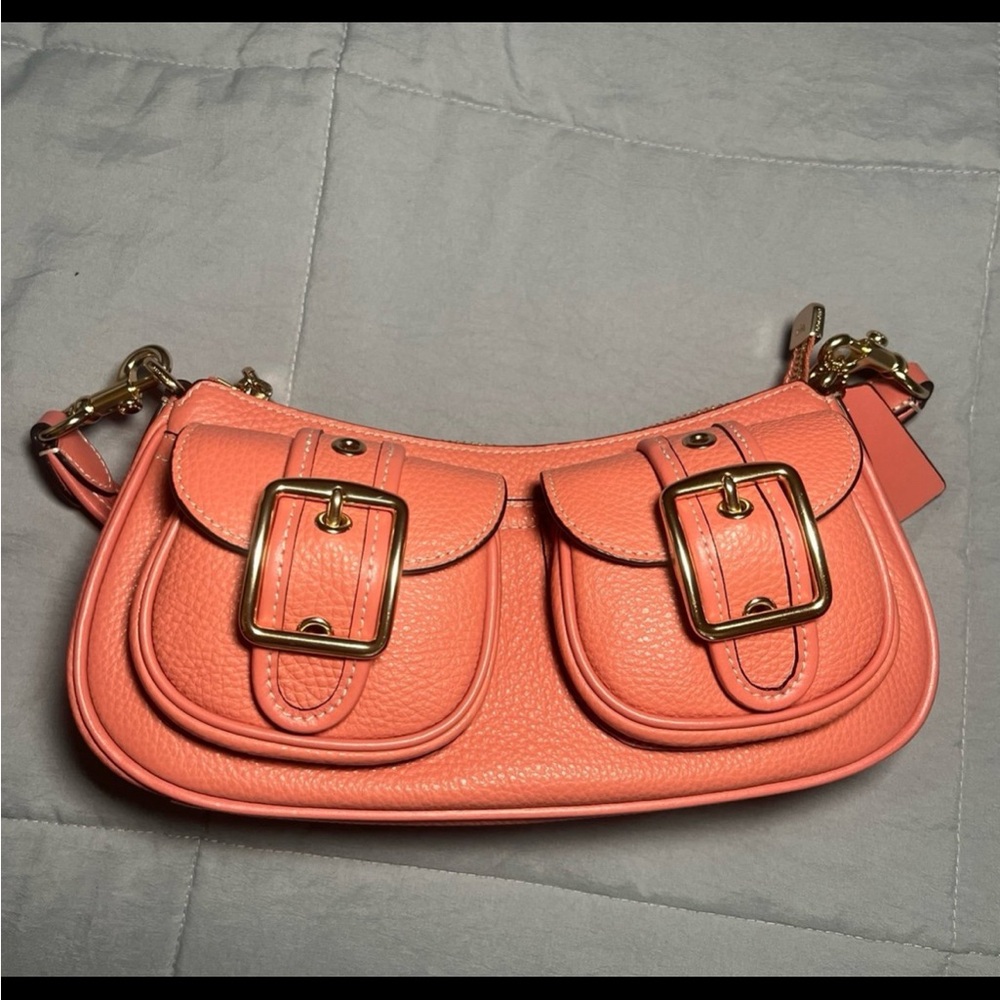 Coach Coral Leather Shoulder Bag with Gold Accents